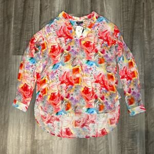 APNY Floral Abstract V-Cut Neck Green Initiative Pullover Top - Medium